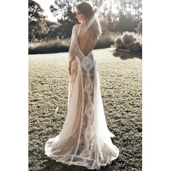 Dreamy Long Sleeve Floral Lace Wedding Party Dress